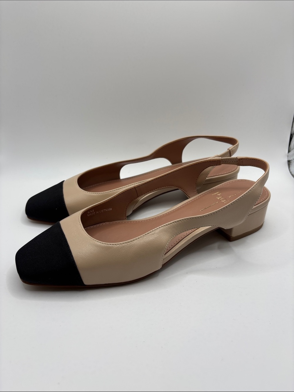 Paolo Beige and Black Cap-Toe Slingback Low Heel Mules